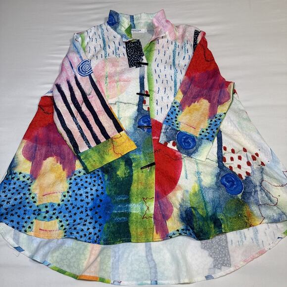 Creation Art Attack Womens L Blouse 3/4 Sleeve Toggle Button Wire Collar Top EUC - Picture 7 of 11